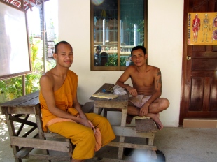 Monk and fellow friend-comrade on site for conversation, Wat Kesararam, Siem Reap